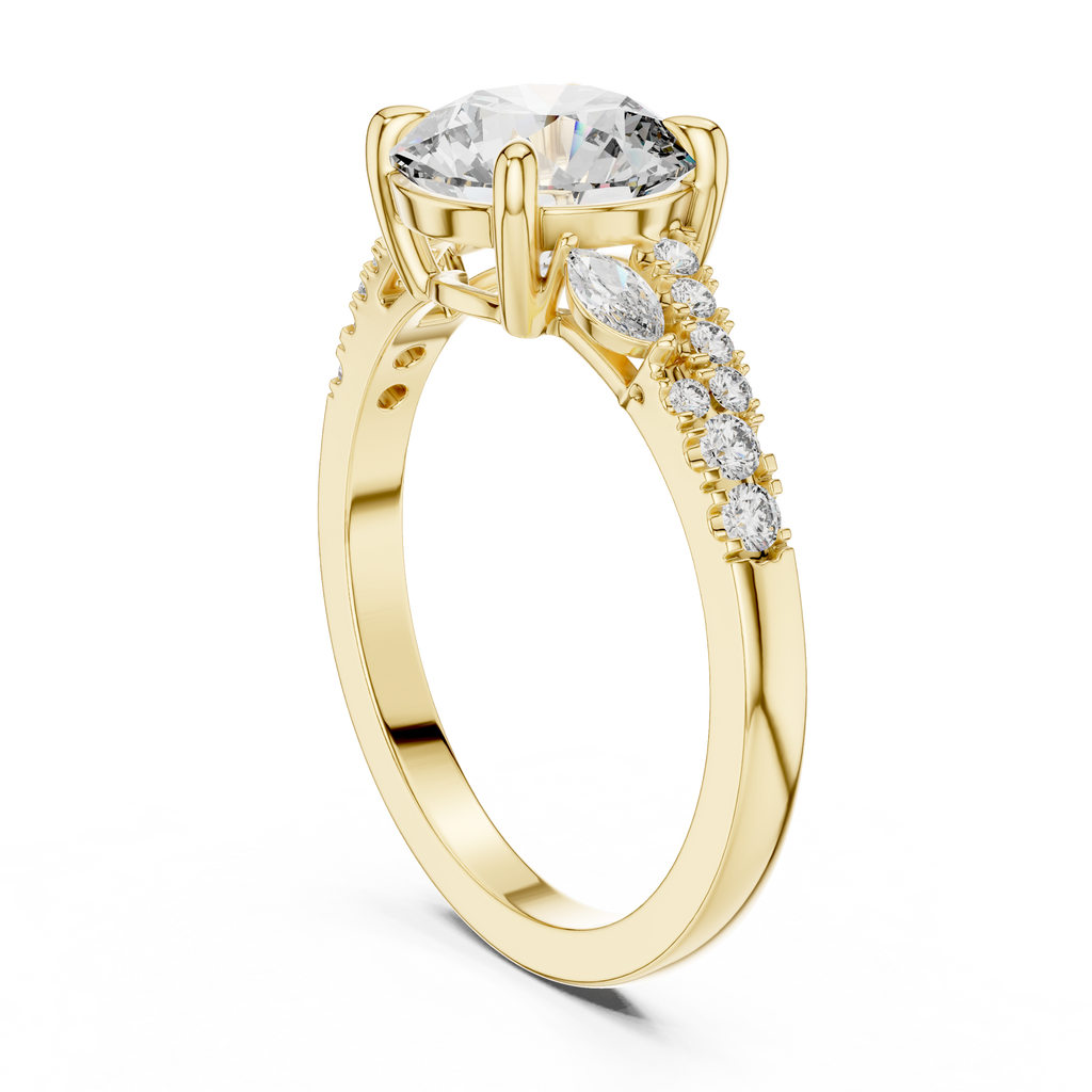 Round Cut Diamond Engagement Ring with Marquise Side Stones and Pave Band