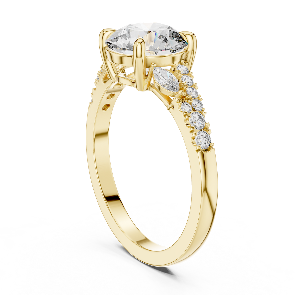 Round Cut Diamond Engagement Ring with Marquise Side Stones and Pave Band