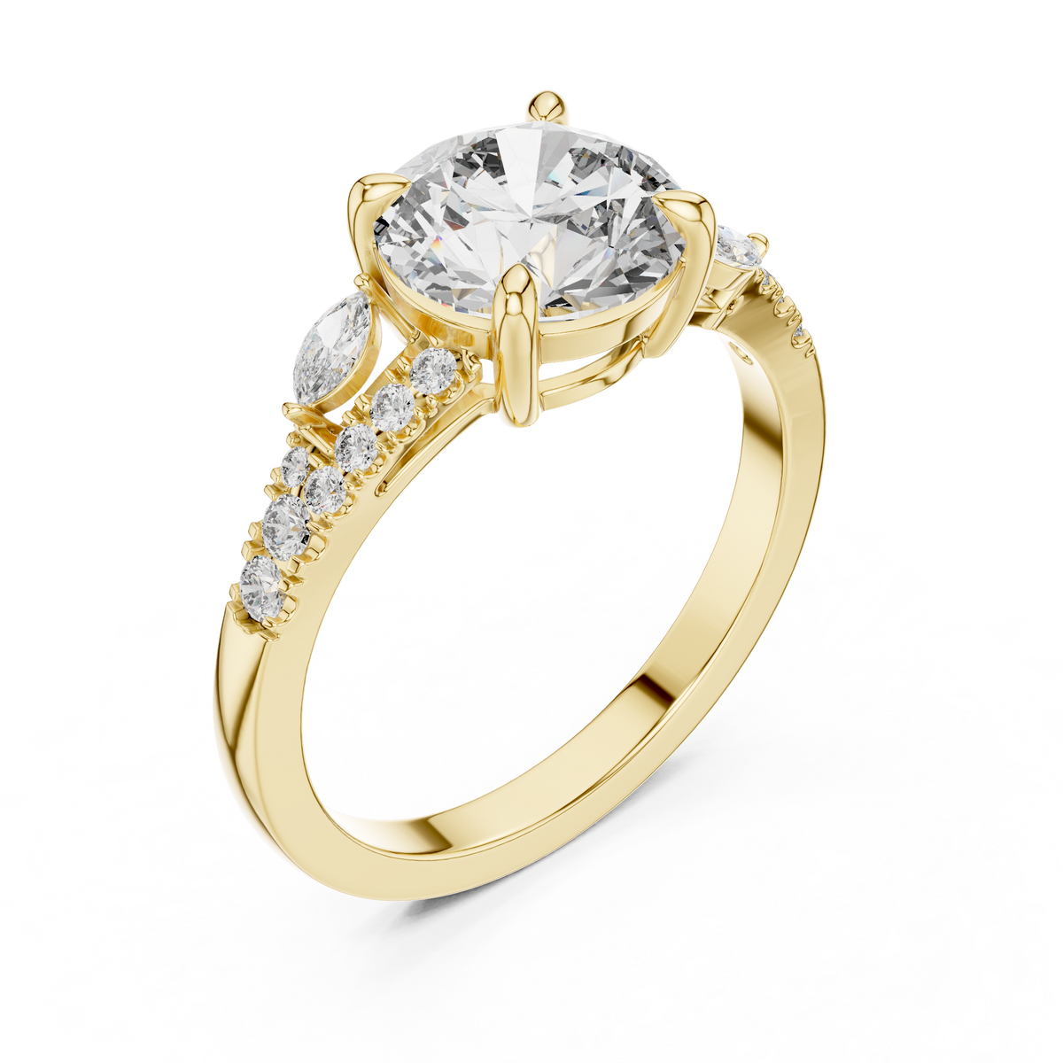 Round Cut Diamond Engagement Ring with Marquise Side Stones and Pave Band