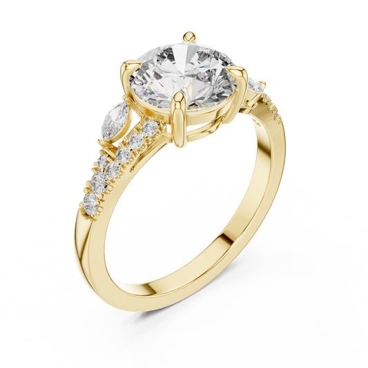 Round Cut Diamond Engagement Ring with Marquise Side Stones and Pave Band