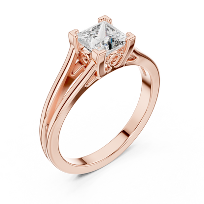 Square Cut Diamond Ring with Ornate Antique-Style Setting