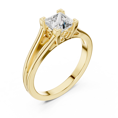 Square Cut Diamond Ring with Ornate Antique-Style Setting