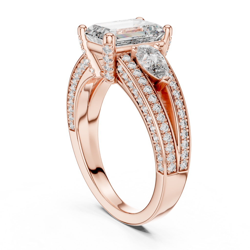 Emerald-Cut Center with Pear Accents and Multi-Row Diamond Shank