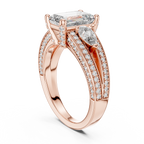 Emerald-Cut Center with Pear Accents and Multi-Row Diamond Shank