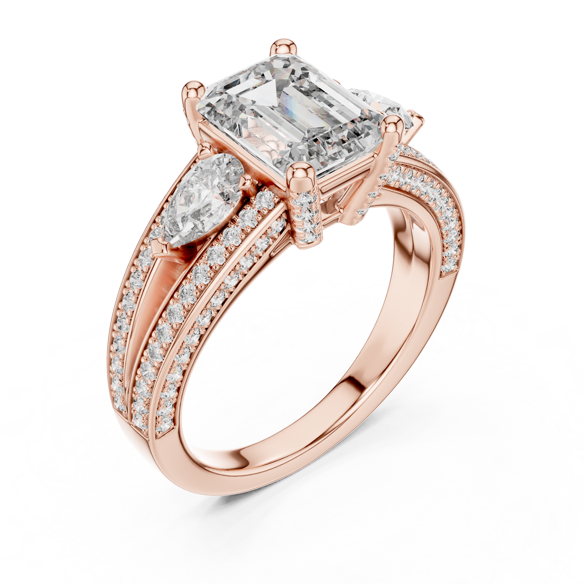 Emerald-Cut Center with Pear Accents and Multi-Row Diamond Shank