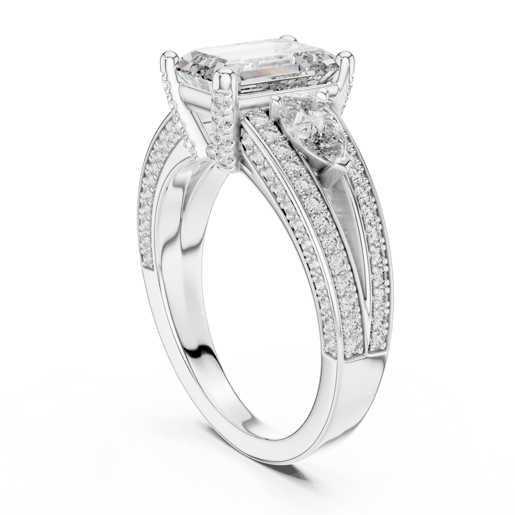 Emerald-Cut Center with Pear Accents and Multi-Row Diamond Shank