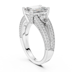 Emerald-Cut Center with Pear Accents and Multi-Row Diamond Shank