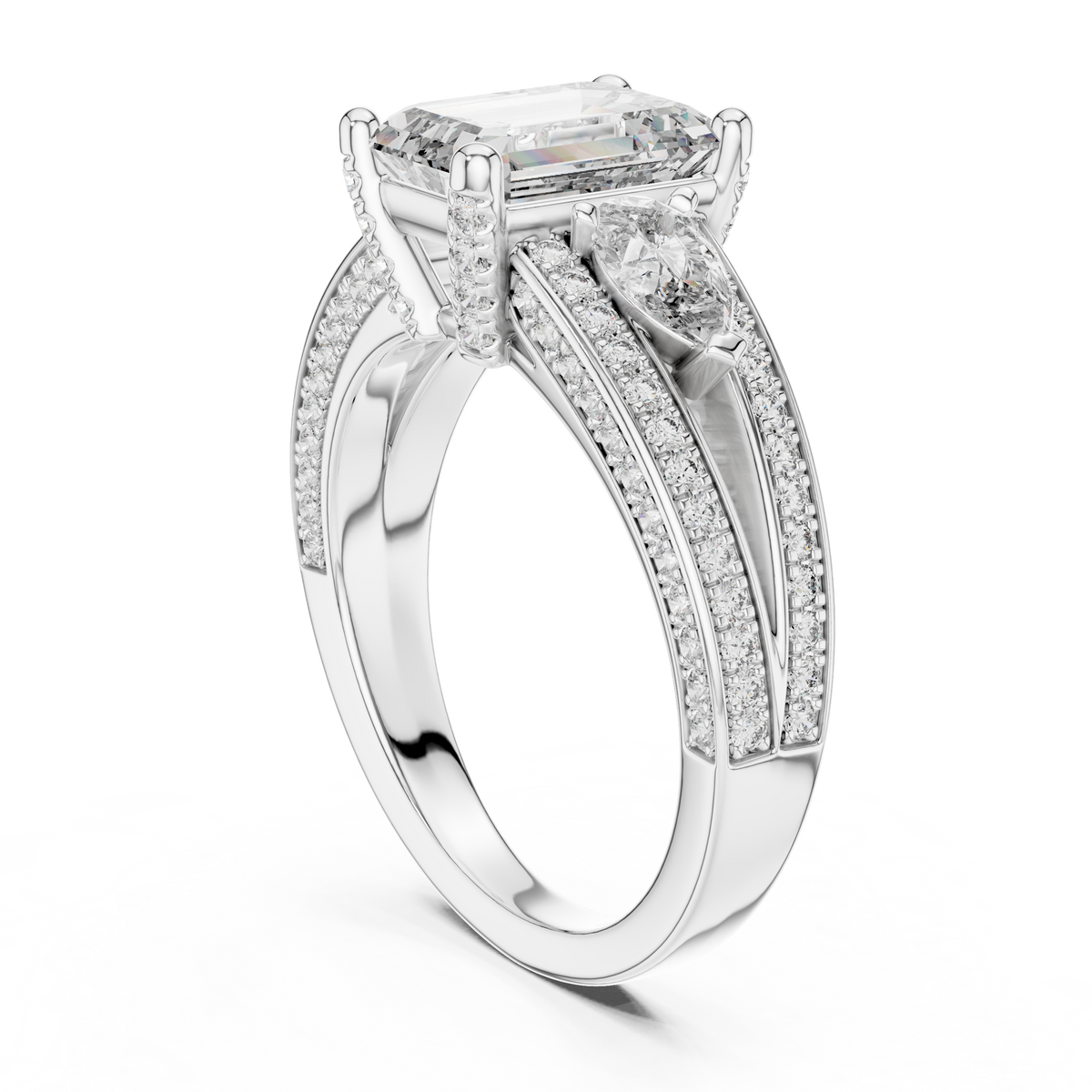 Emerald-Cut Center with Pear Accents and Multi-Row Diamond Shank