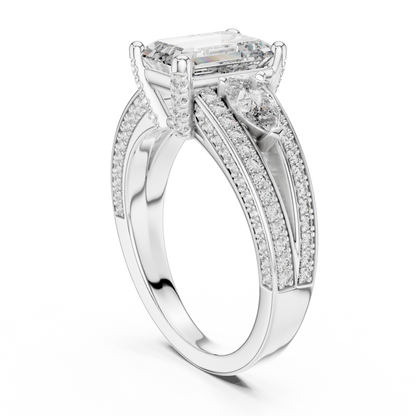 Emerald-Cut Center with Pear Accents and Multi-Row Diamond Shank