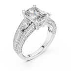 Emerald-Cut Center with Pear Accents and Multi-Row Diamond Shank