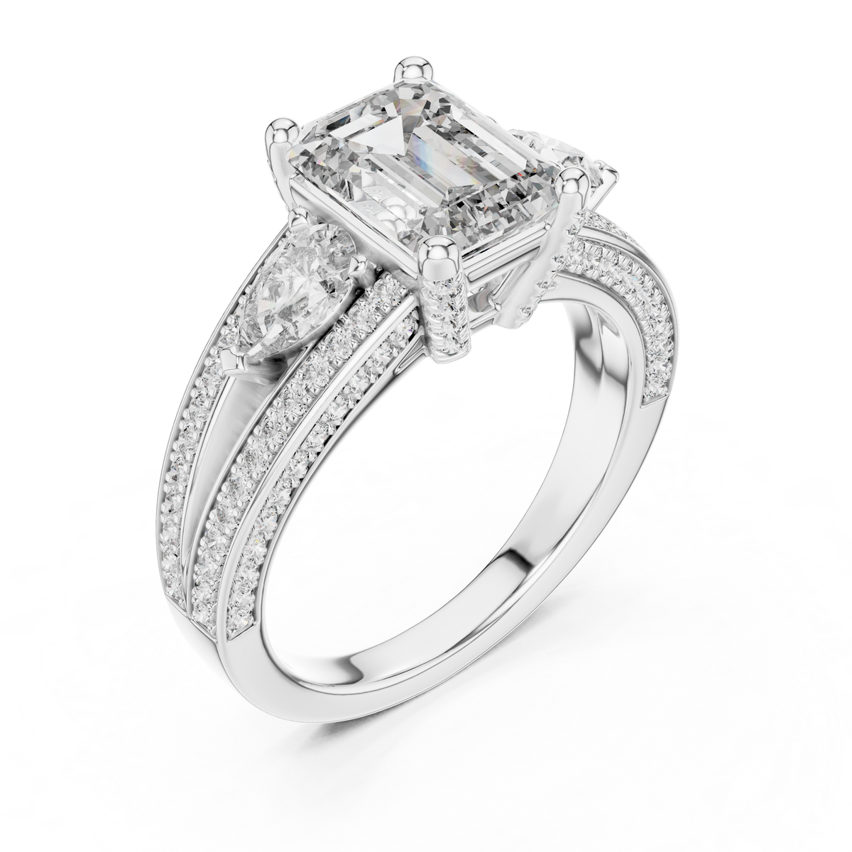 Emerald-Cut Center with Pear Accents and Multi-Row Diamond Shank