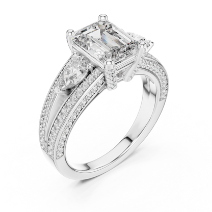 Emerald-Cut Center with Pear Accents and Multi-Row Diamond Shank