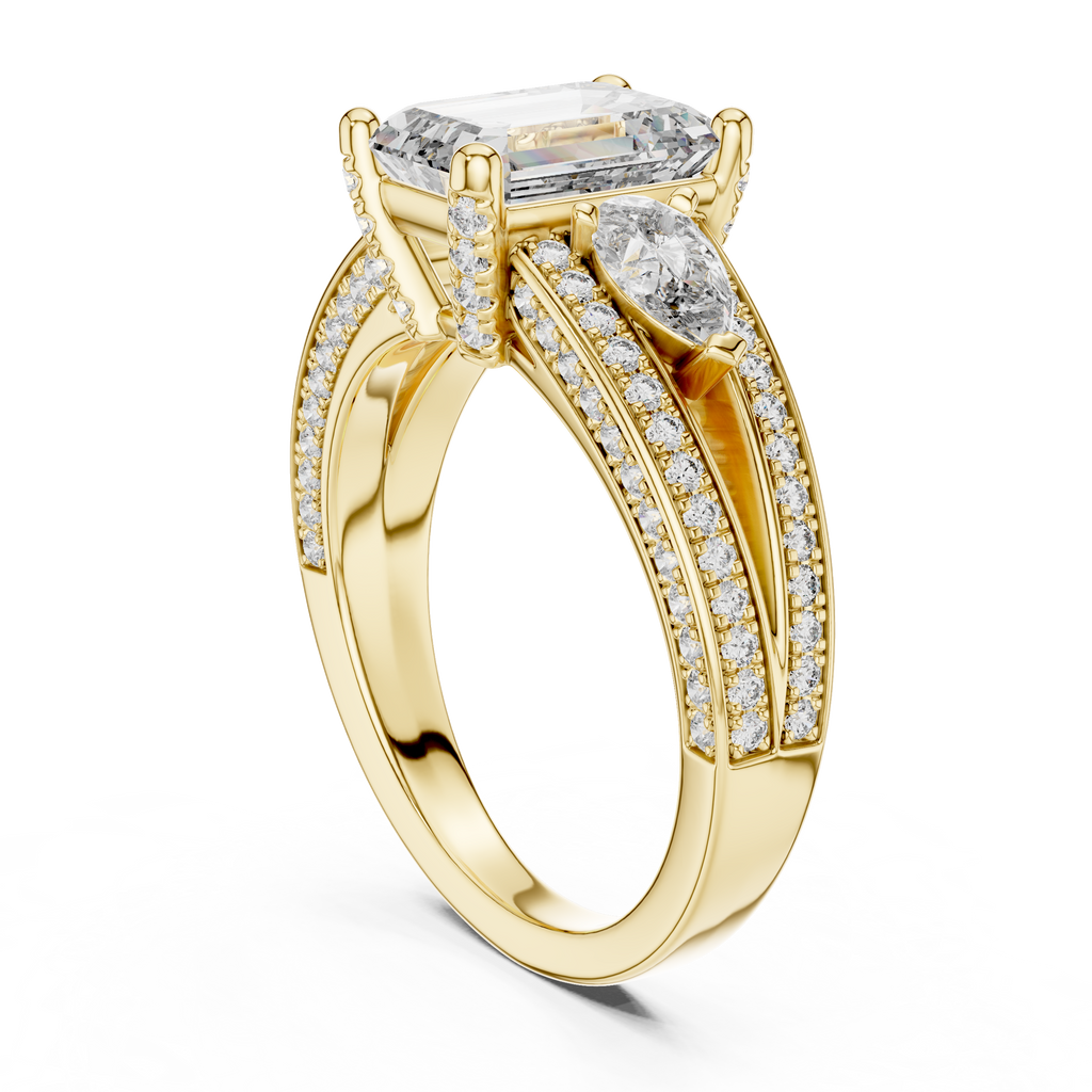 Emerald-Cut Center with Pear Accents and Multi-Row Diamond Shank