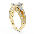 Emerald-Cut Center with Pear Accents and Multi-Row Diamond Shank