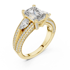 Emerald-Cut Center with Pear Accents and Multi-Row Diamond Shank