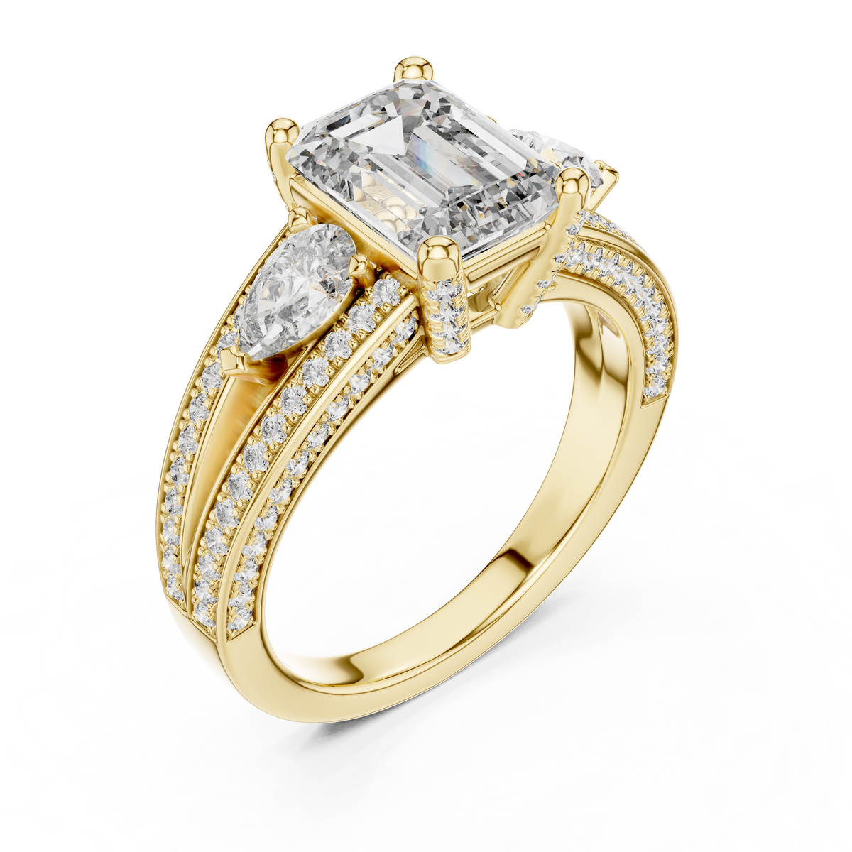 Emerald-Cut Center with Pear Accents and Multi-Row Diamond Shank