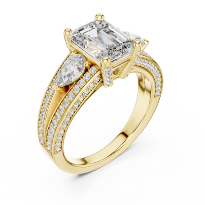 Emerald-Cut Center with Pear Accents and Multi-Row Diamond Shank