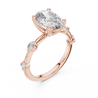 Brilliant Oval Diamond Ring with a Dotted Diamond-Encrusted