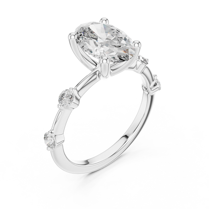 Brilliant Oval Diamond Ring with a Dotted Diamond-Encrusted