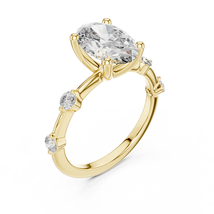 Brilliant Oval Diamond Ring with a Dotted Diamond-Encrusted
