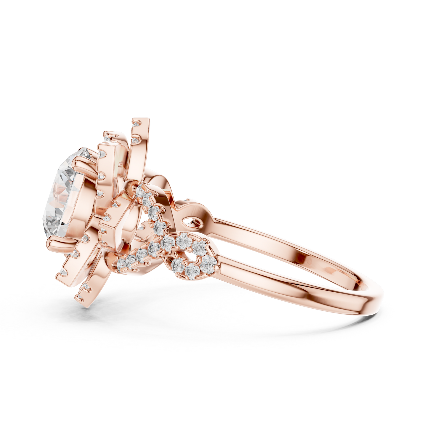 Brilliant Round Diamond in a Tiered Floral Halo with Braided Pave Band