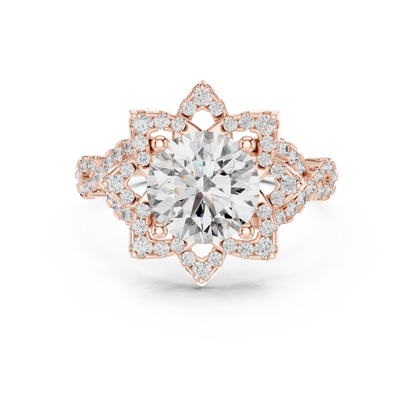Brilliant Round Diamond in a Tiered Floral Halo with Braided Pave Band