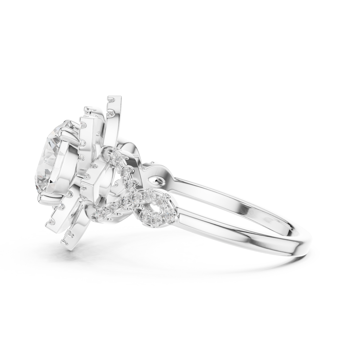 Brilliant Round Diamond in a Tiered Floral Halo with Braided Pave Band