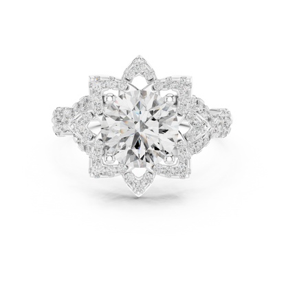 Brilliant Round Diamond in a Tiered Floral Halo with Braided Pave Band