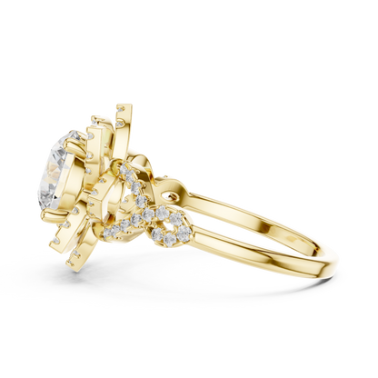 Brilliant Round Diamond in a Tiered Floral Halo with Braided Pave Band