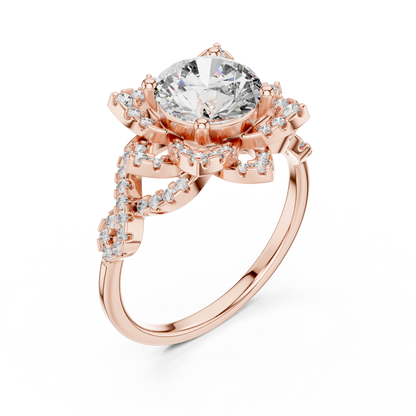 Brilliant Round Diamond in a Tiered Floral Halo with Braided Pave Band