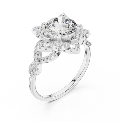 Brilliant Round Diamond in a Tiered Floral Halo with Braided Pave Band