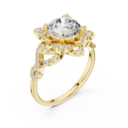 Brilliant Round Diamond in a Tiered Floral Halo with Braided Pave Band