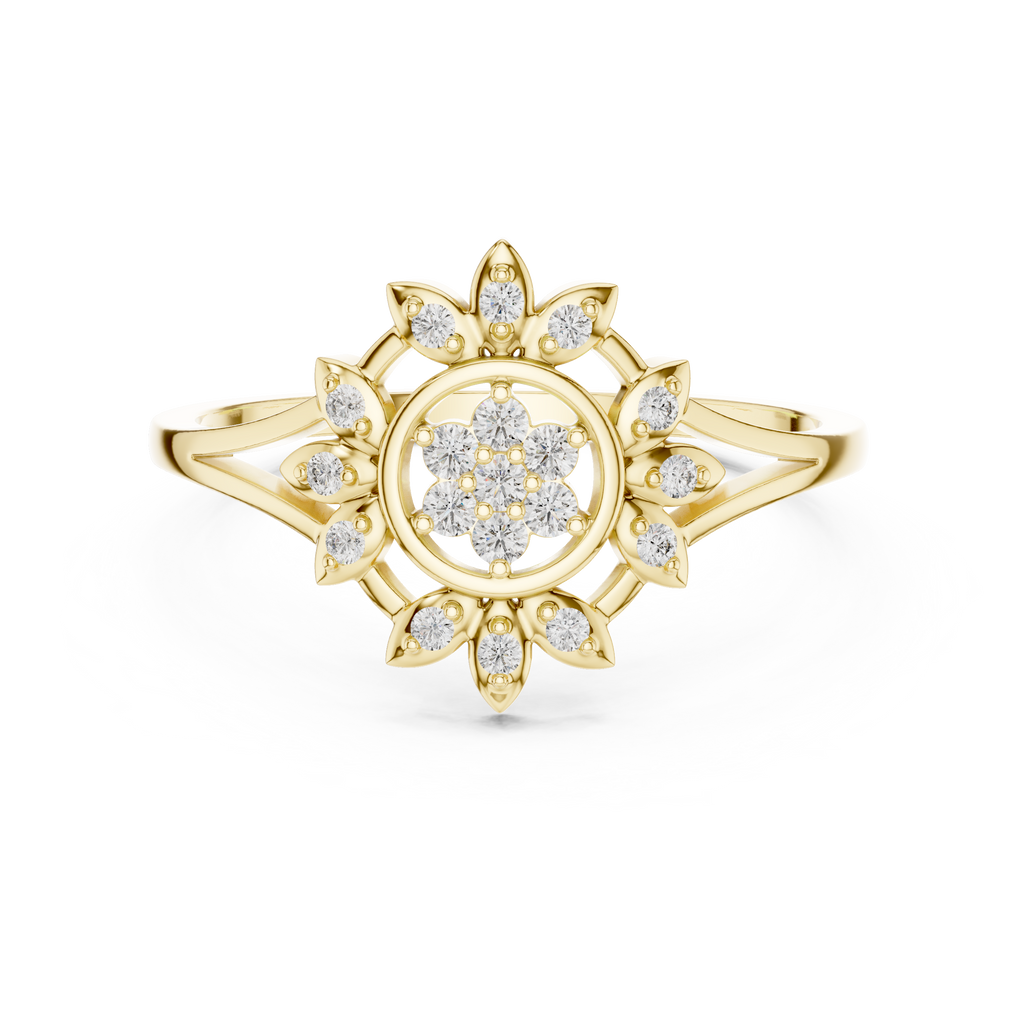 Women's Diamond Sun Flower Ring, Delicate Floral Statement Ring, Anniversary Gift