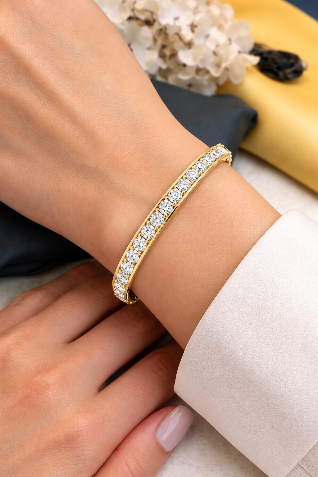 Channelle Channel Set Round Lab Grown Diamond Hinged Bangle Bracelet