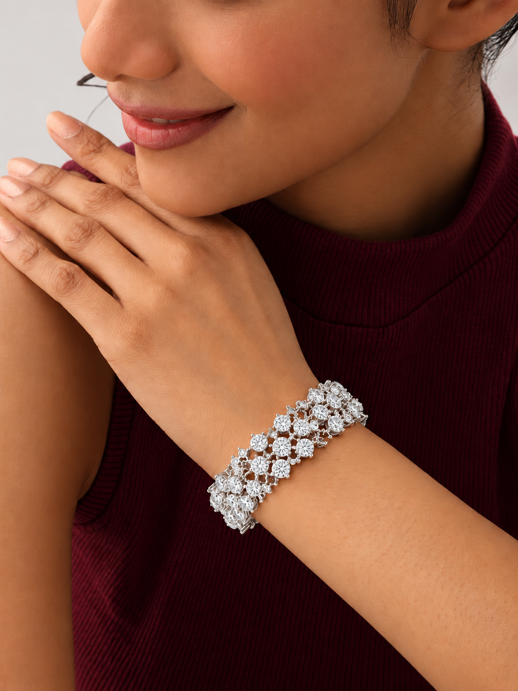 Regelle Wide Three Row Round Lab Grown Diamond Statement Bracelet
