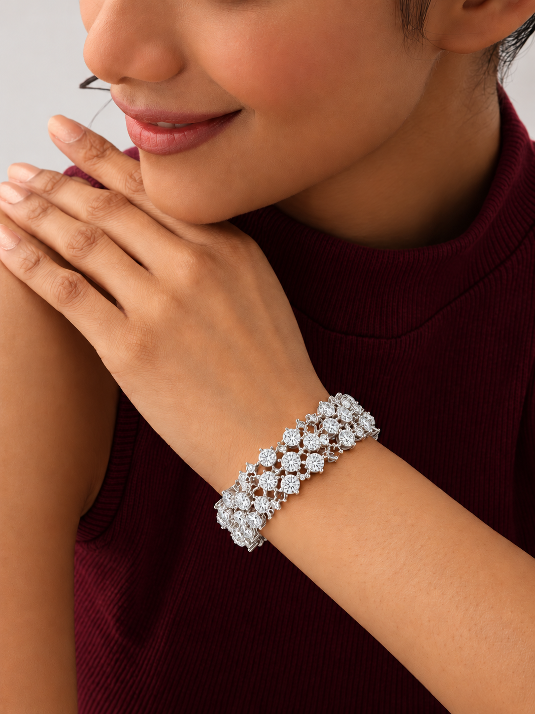 Regelle Wide Three Row Round Lab Grown Diamond Statement Bracelet