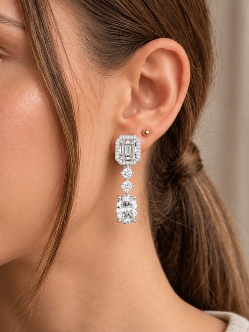 Cascadelle Emerald Cut Halo Top with Oval Cut Dangle Lab Grown Diamond Earrings