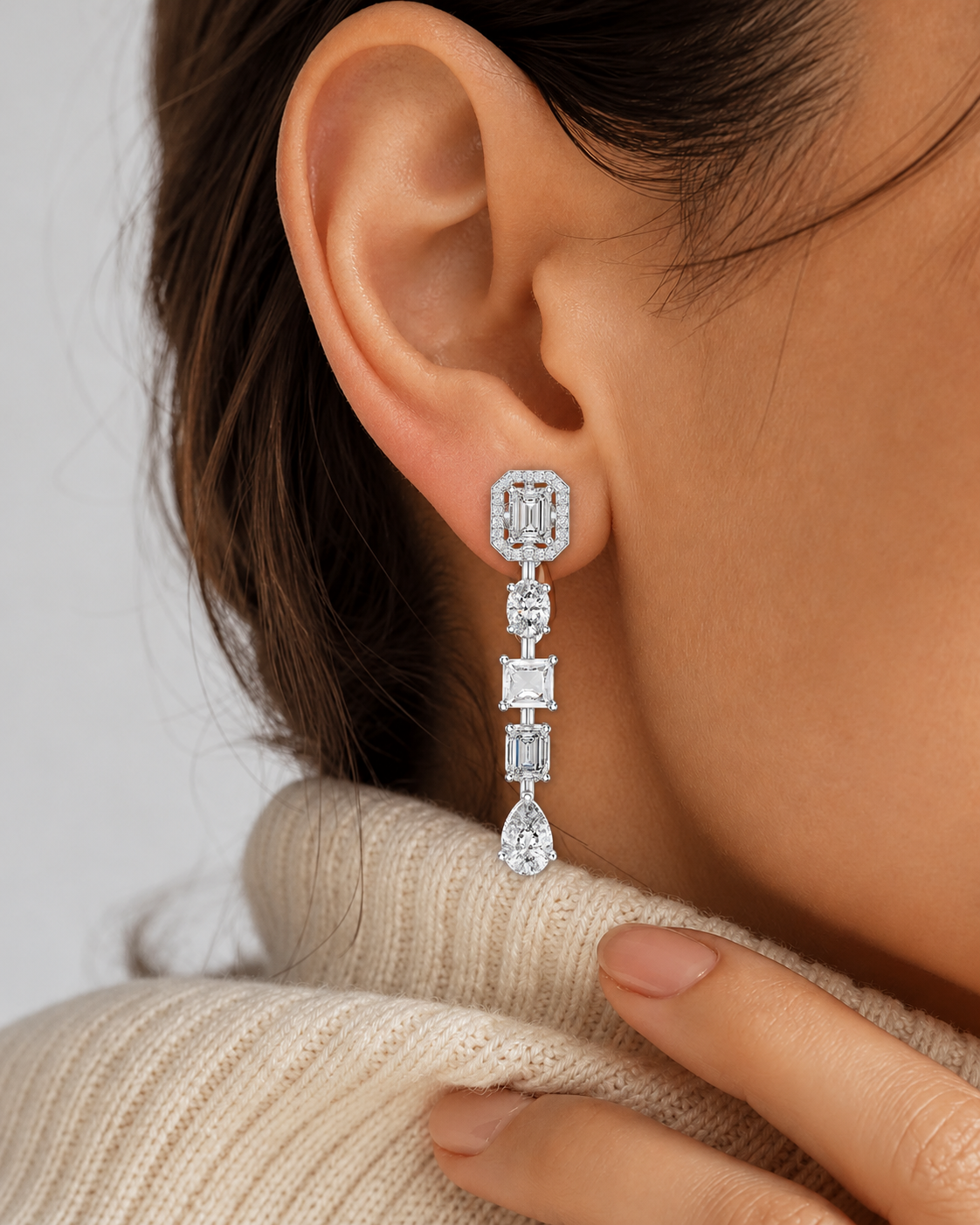 Crystelle Emerald Cut Halo and Mixed Cut Linear Lab Grown Diamond Drop Earrings