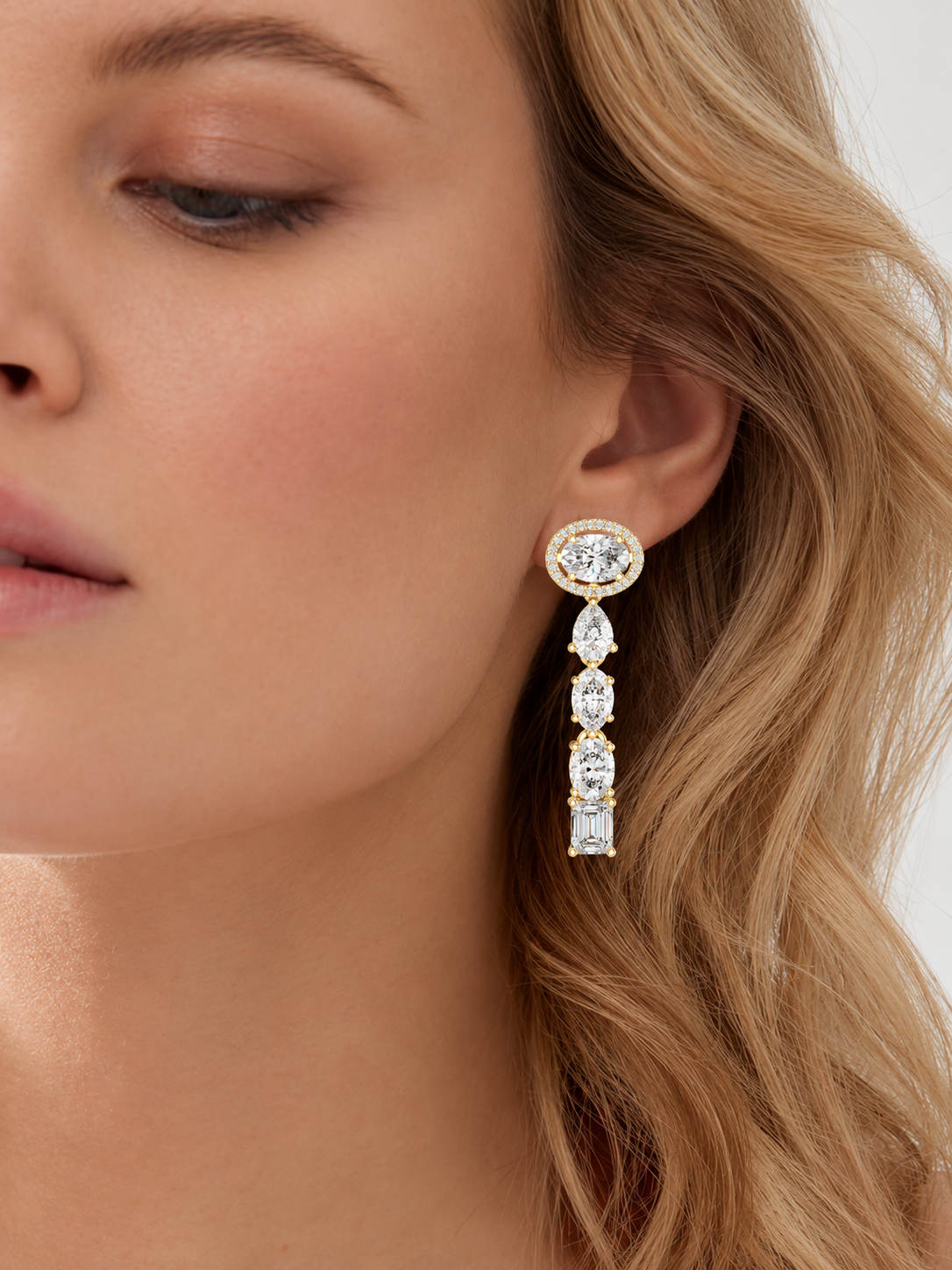 Harmonelle Oval Halo and Mixed Cut Lab Grown Diamond Long Drop Earrings