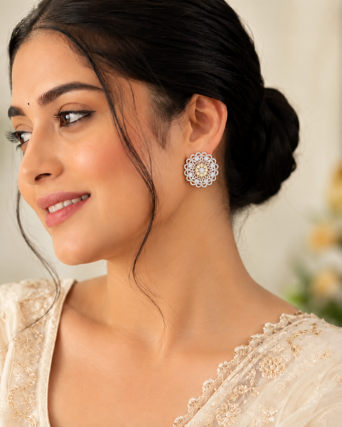 Rangelle Scalloped Filigree Enamel Flower Lab Grown Diamond Earrings