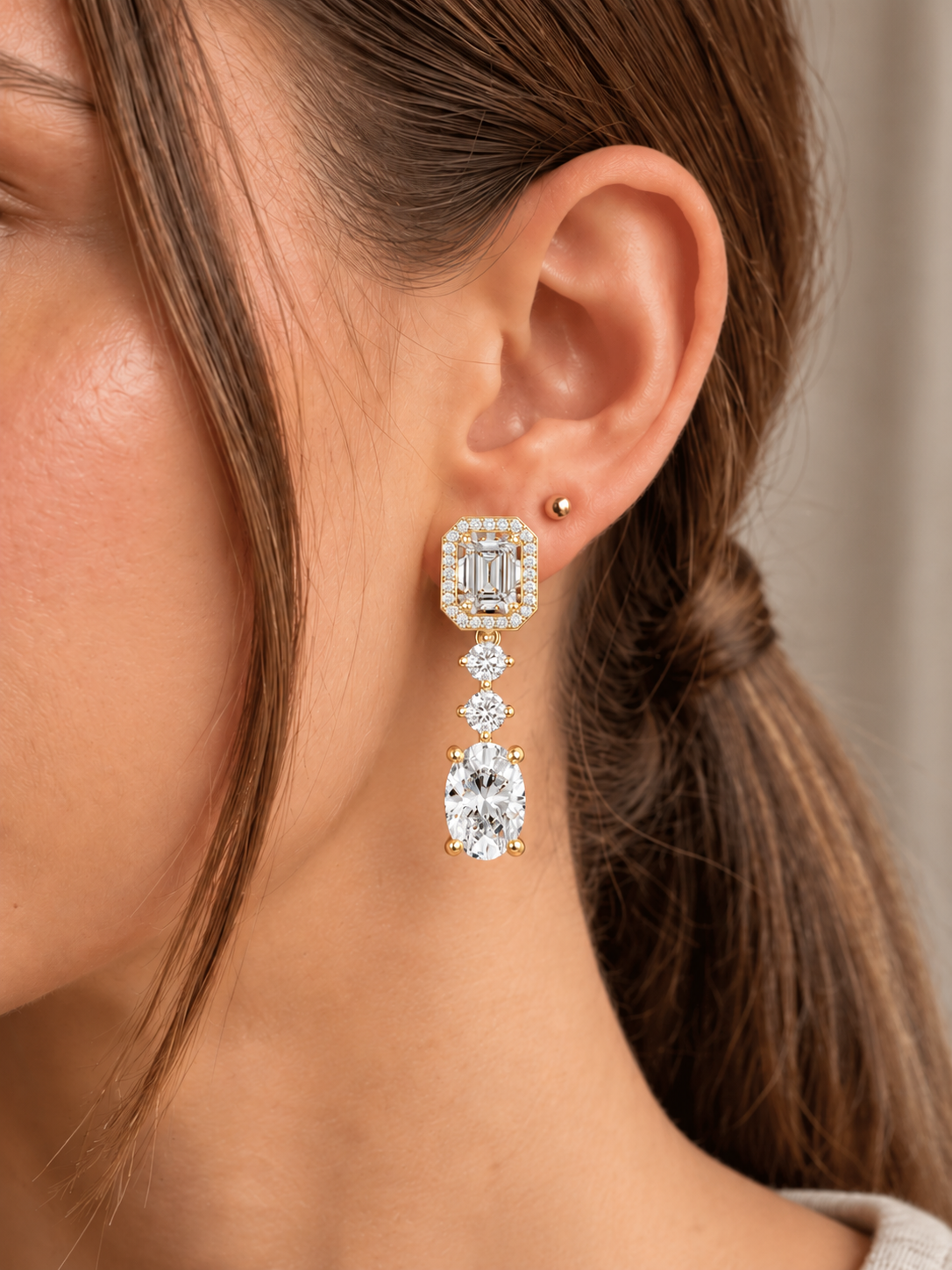 Cascadelle Emerald Cut Halo Top with Oval Cut Dangle Lab Grown Diamond Earrings