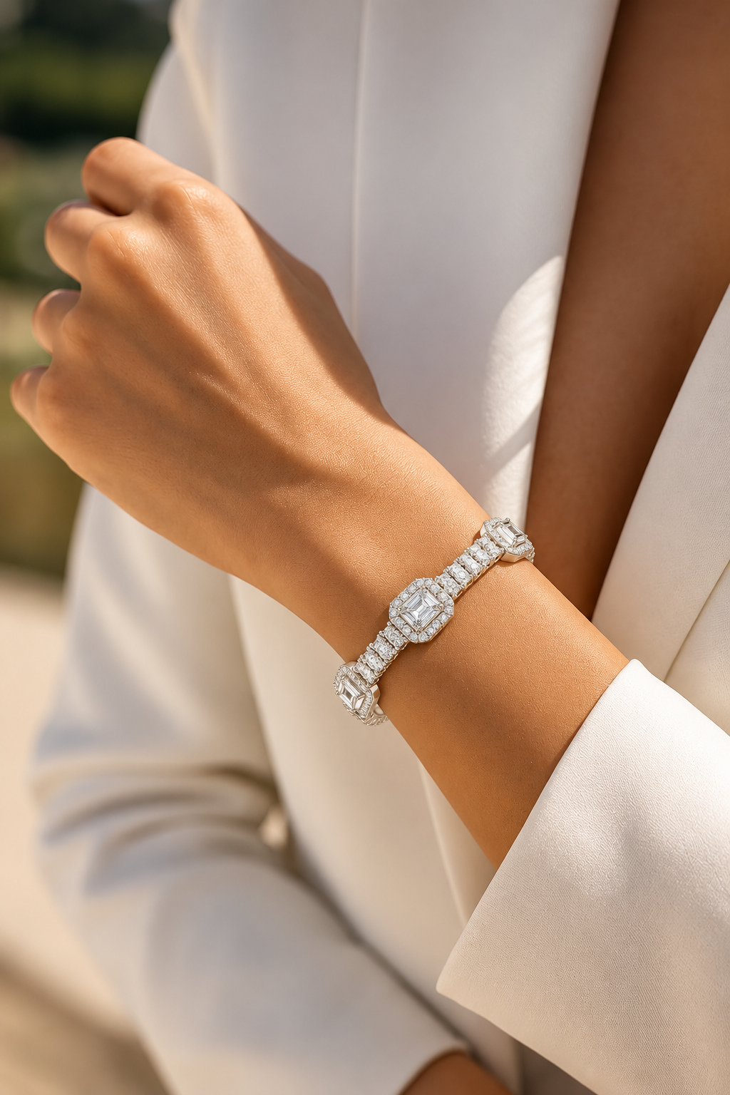 Emerelle Emerald Cut Halo Station Lab Grown Diamond Tennis Bracelet