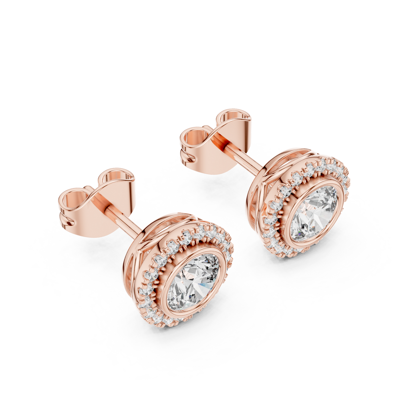 Double Halo Round Cut Diamond Stud Earrings