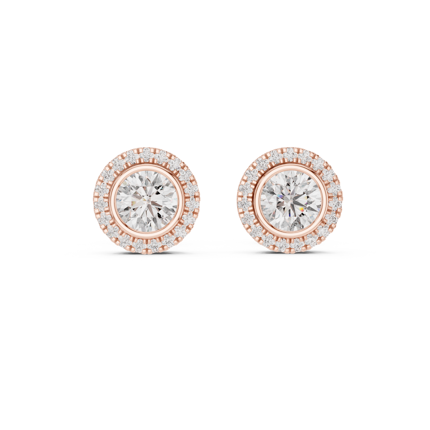 Double Halo Round Cut Diamond Stud Earrings