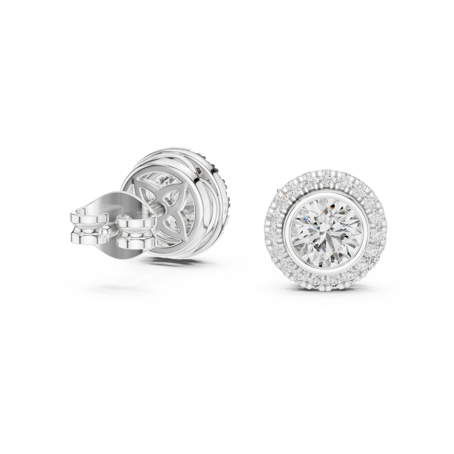 Double Halo Round Cut Diamond Stud Earrings