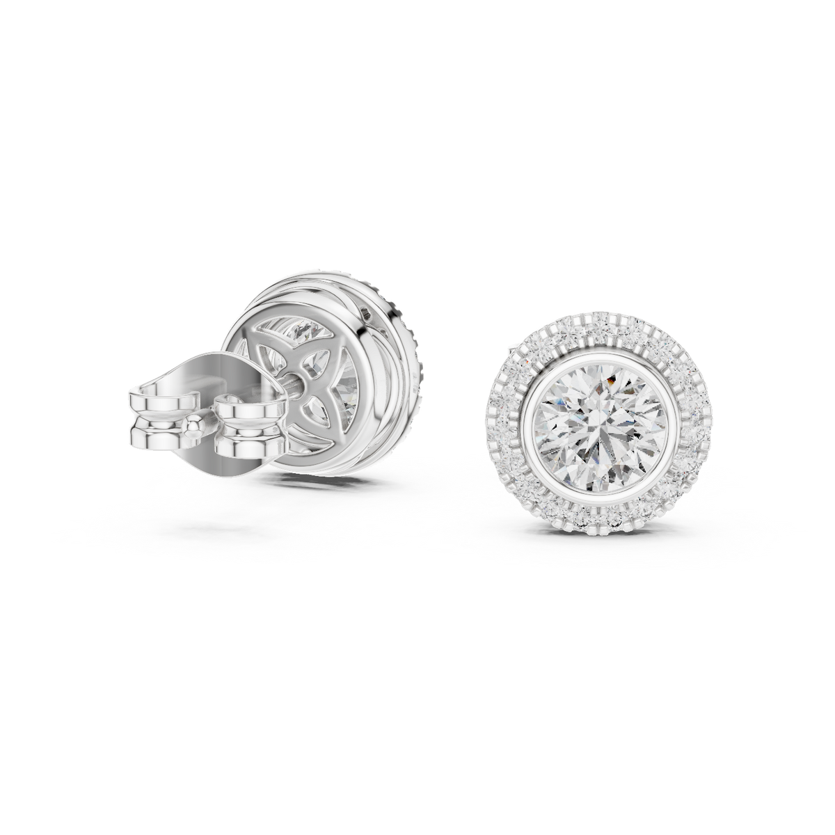 Double Halo Round Cut Diamond Stud Earrings