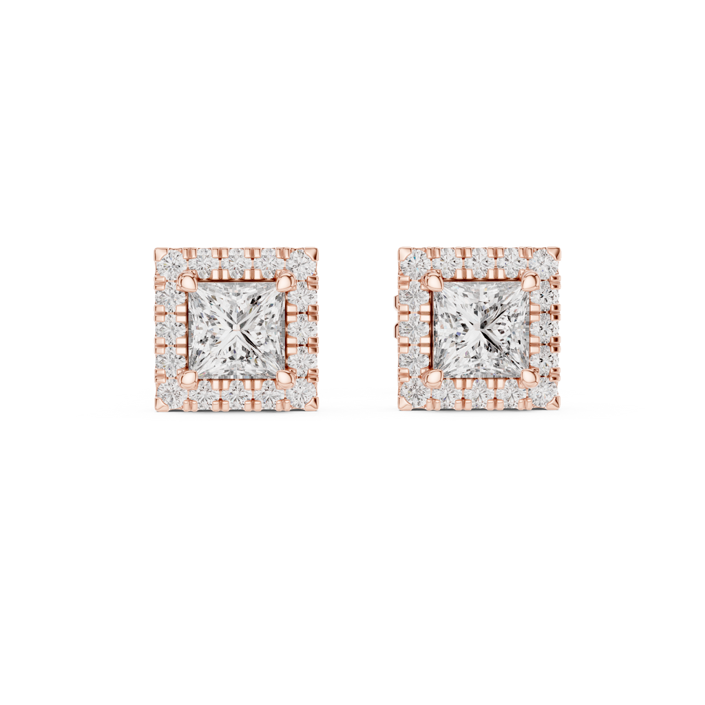 Elegant Princess Cut Diamond Double Halo Studs