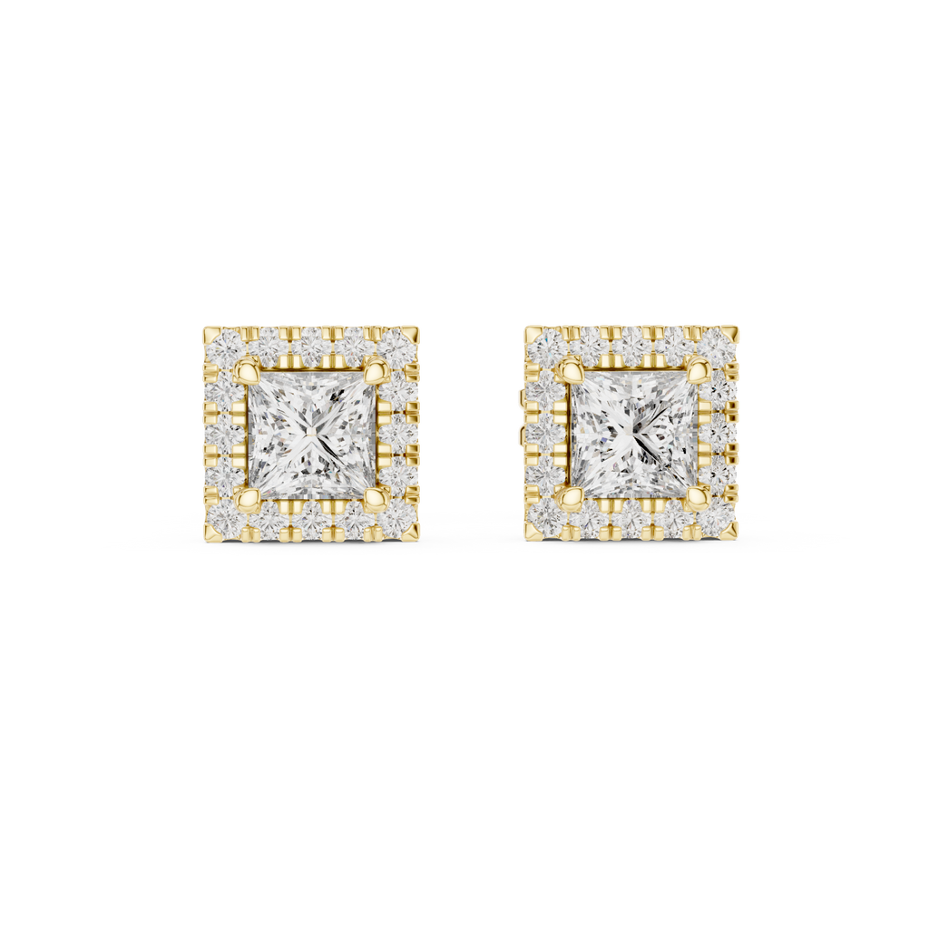 Elegant Princess Cut Diamond Double Halo Studs