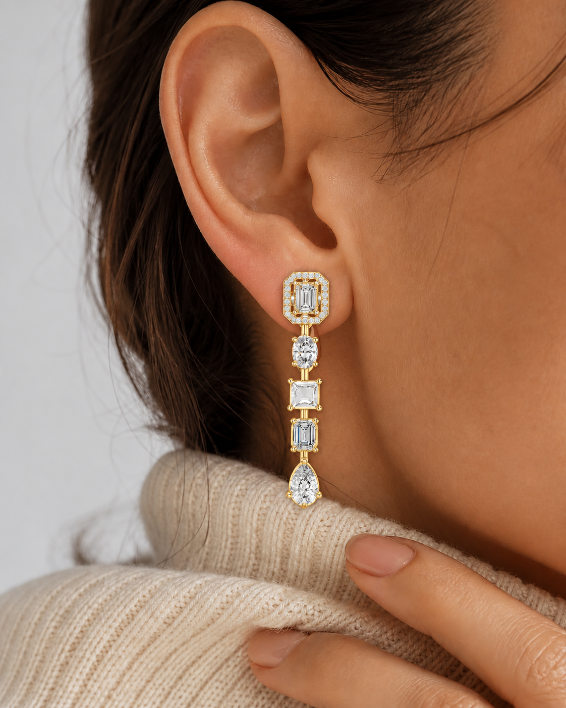 Crystelle Emerald Cut Halo and Mixed Cut Linear Lab Grown Diamond Drop Earrings