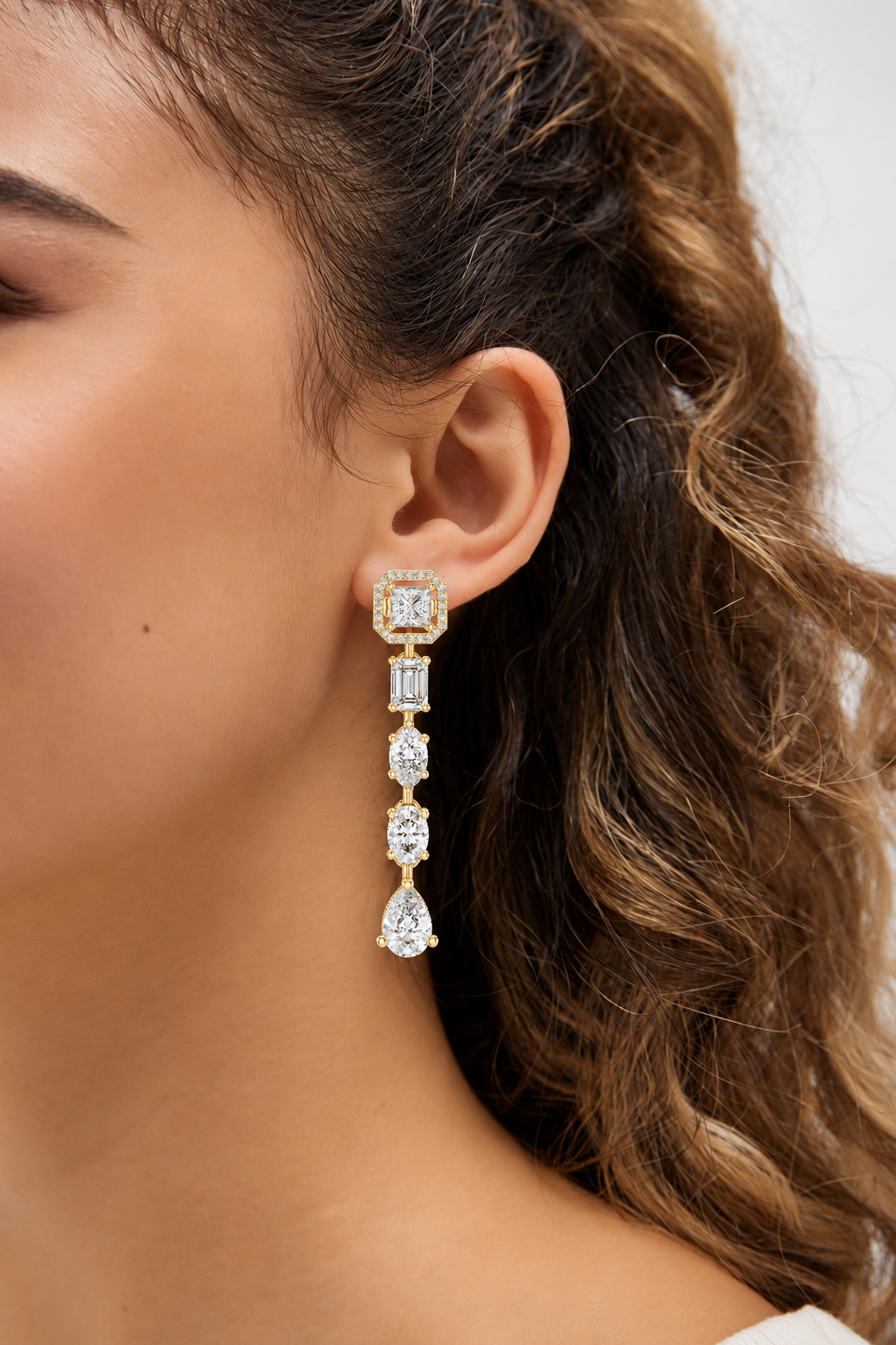 Rivelle Princess Cut Halo and Mixed Cut Linear Lab Grown Diamond Drop Earrings